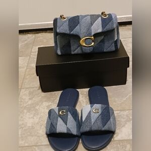 Blue Denim Quilted Bag and Slide Set Coach Purse And Slides Size9
